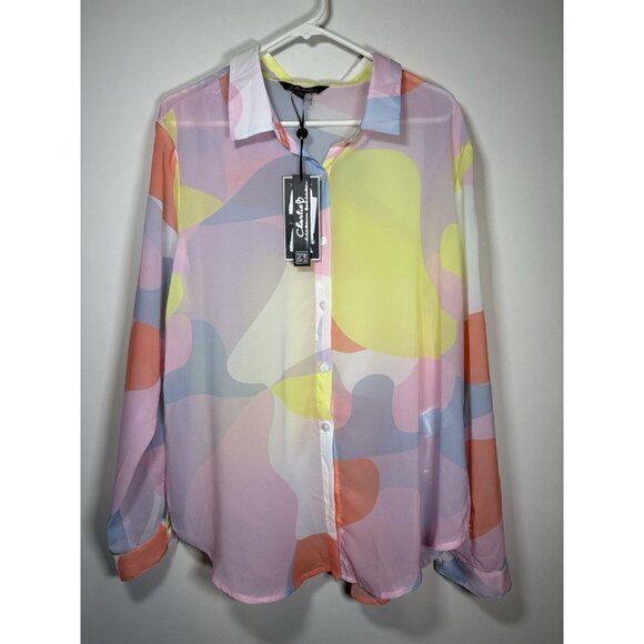 NEW Charlie B Sheer Chiffon Button-Down Top Y2K Colorful Abstract Artsy Boho XL - Picture 1 of 8